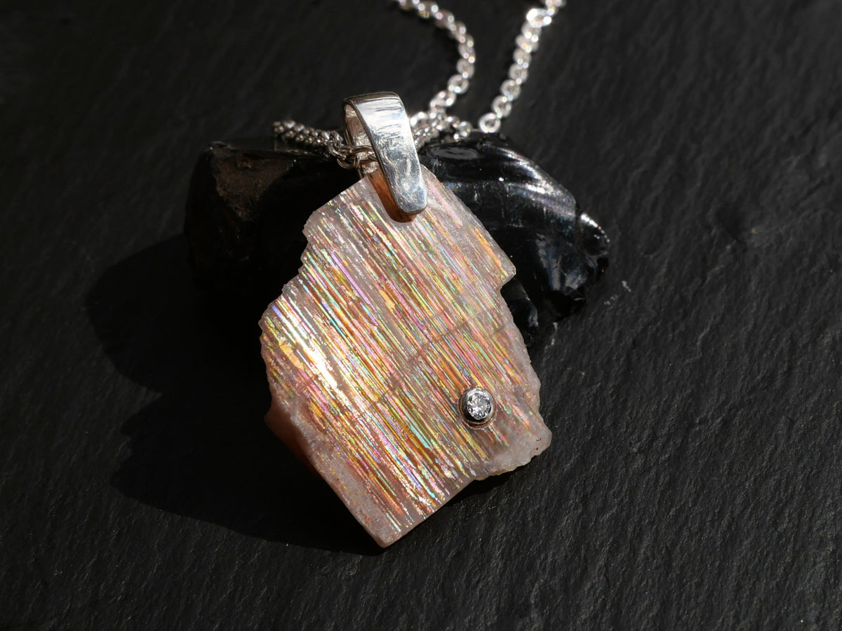  uncut Meteor Shower Sunstone pendant with diamond accent, raw sunstone crystal necklace