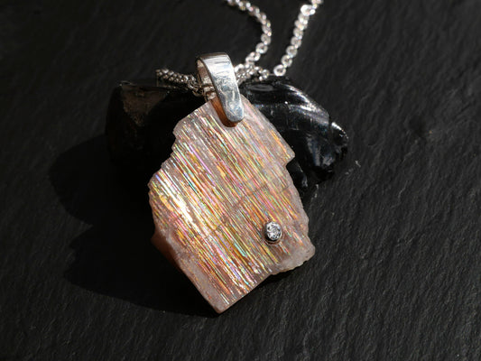  uncut Meteor Shower Sunstone pendant with diamond accent, raw sunstone crystal necklace