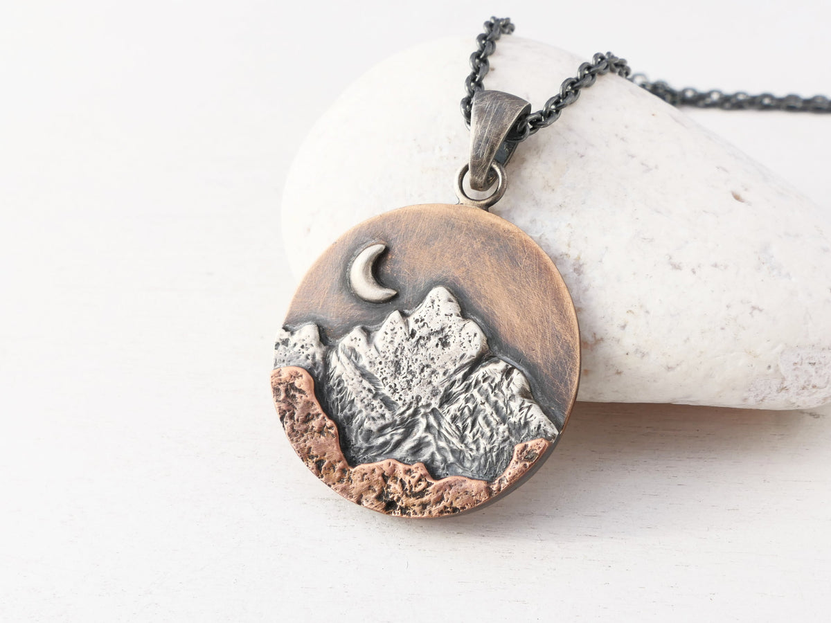 Rustic mountain pendant Bronze Copper and Sterling Silver