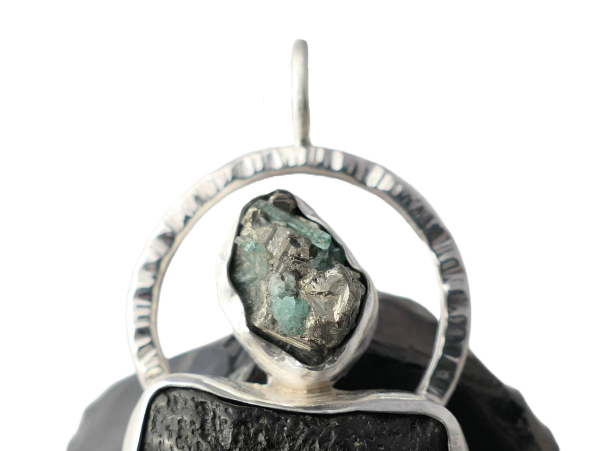 shark tooth pendant, emerald in pyrite gemstone