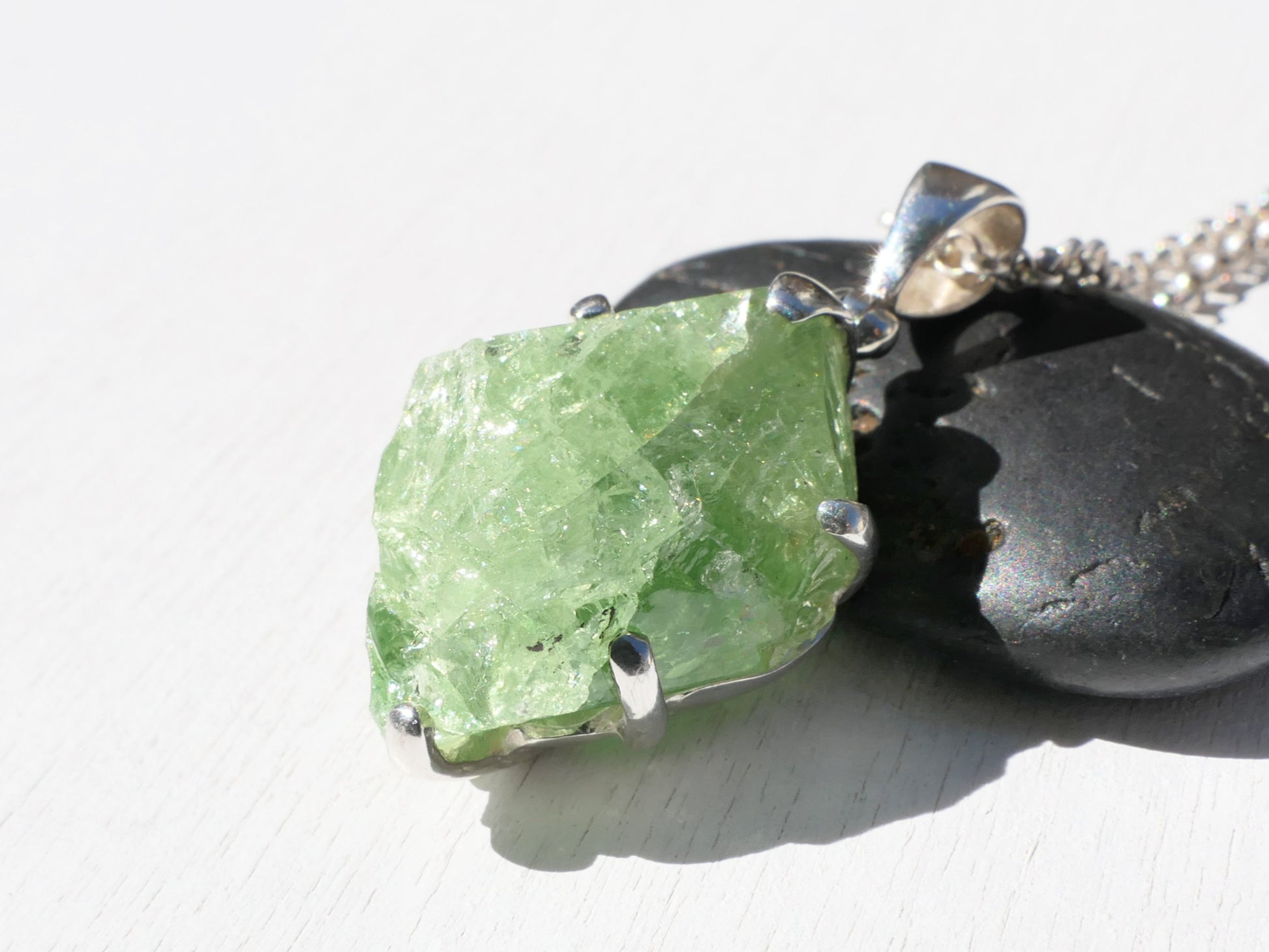 Large uncut green tsavorite garnet crystal pendant in sterling silver necklace for men and women