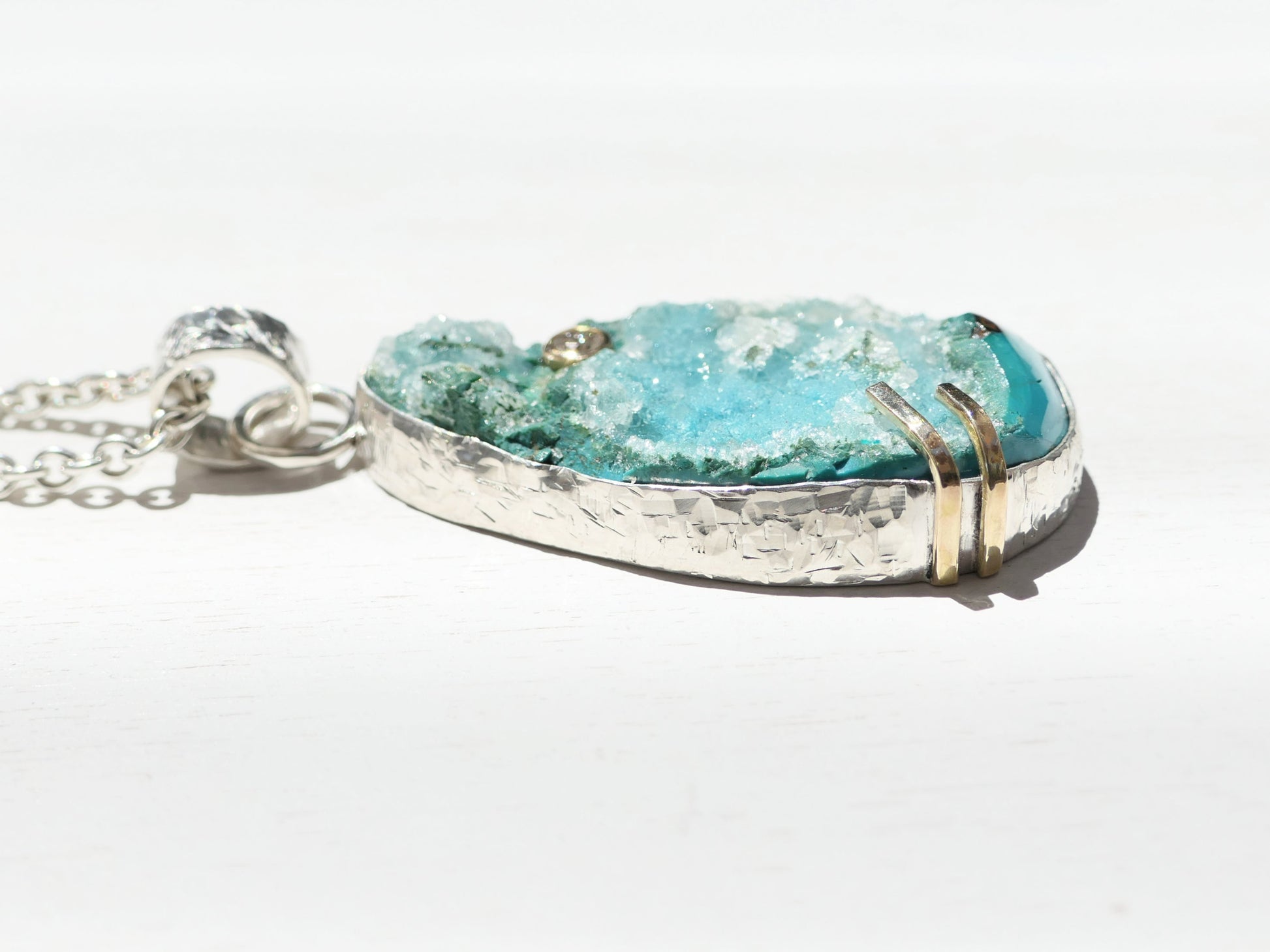 Quartz on chrysocolla gemstone sterling silver solid gold