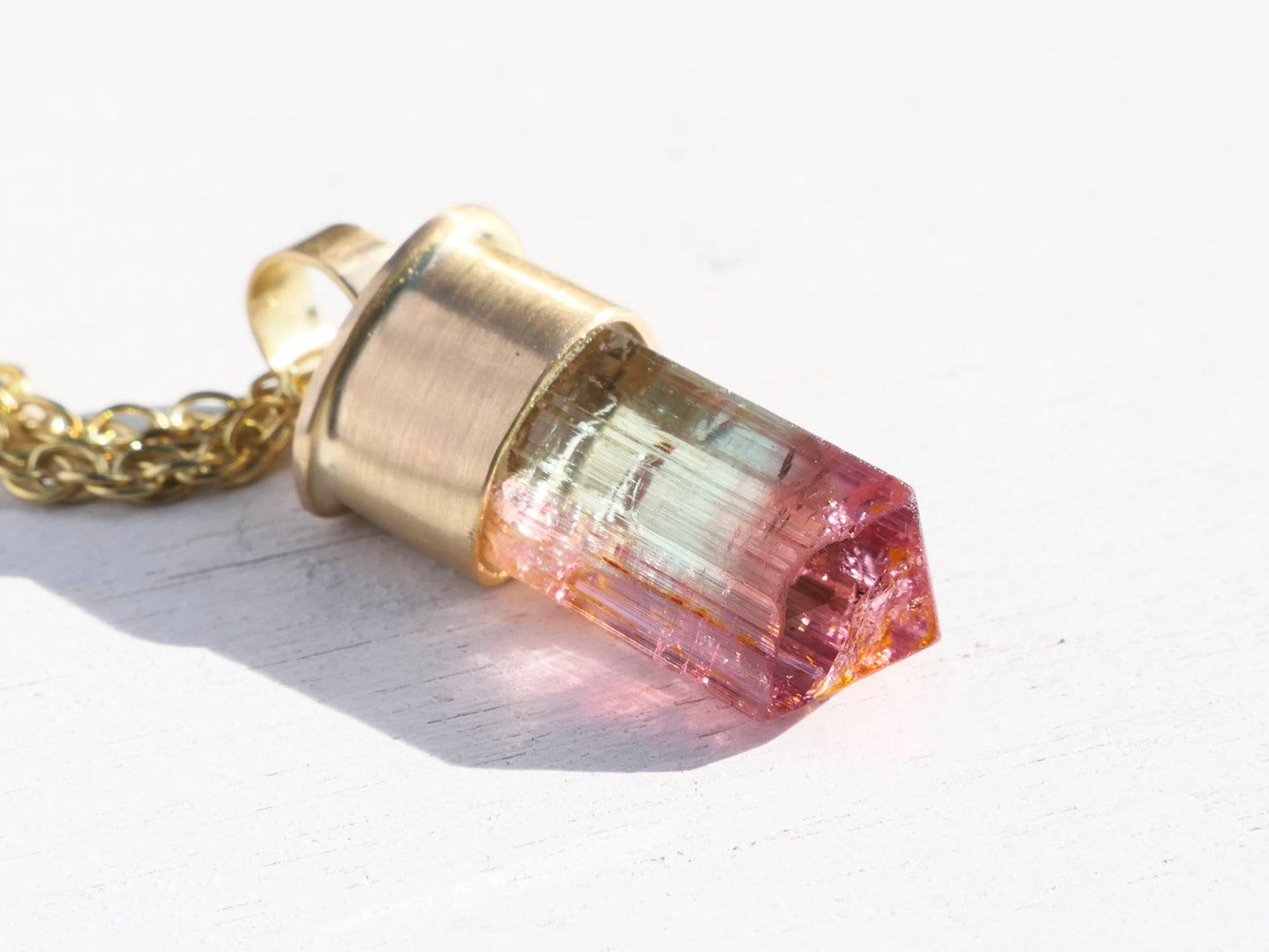 14k gold bi color tourmaline crystal pendant