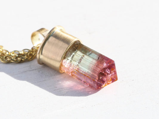14k gold bi color tourmaline crystal pendant