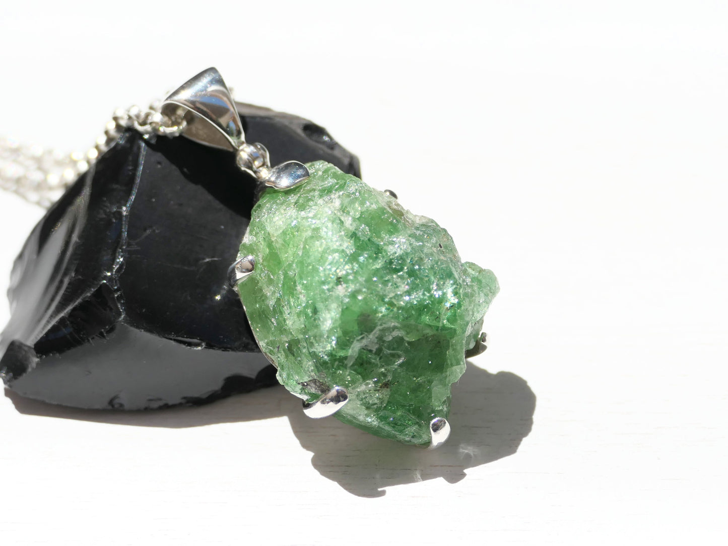 Large Tsavorite Crystal Necklace: Uncut Green Garnet Pendant for Men and Women 100% Sterling Silver