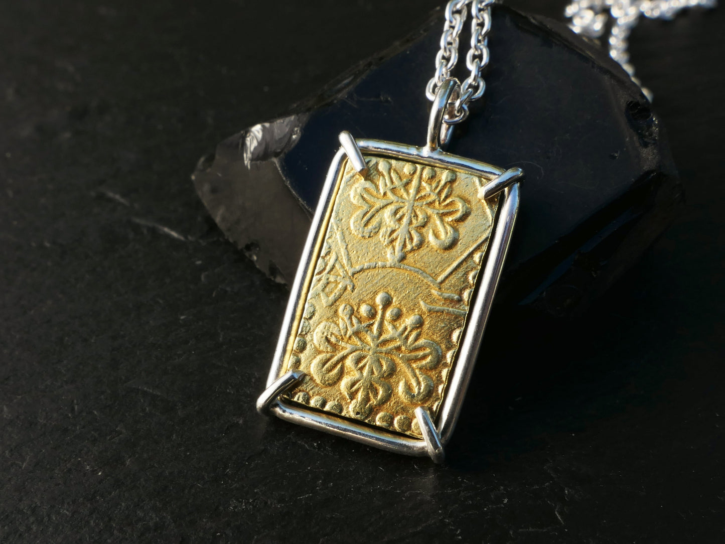 Authentic Japanese Nibu-kin gold coin necklace from Meiji period in sterling silver setting