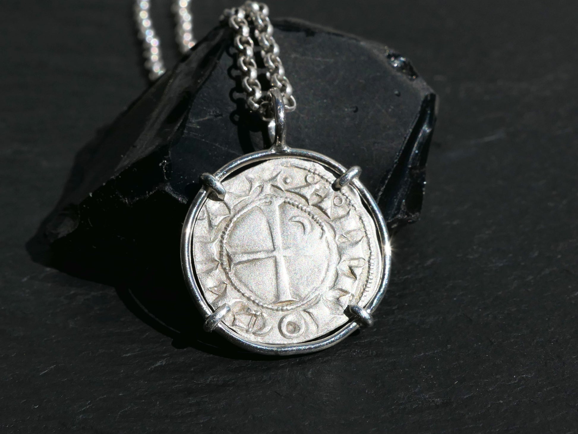 Authentic medieval Bohemond III of Antioch silver coin necklace, sterling silver setting.