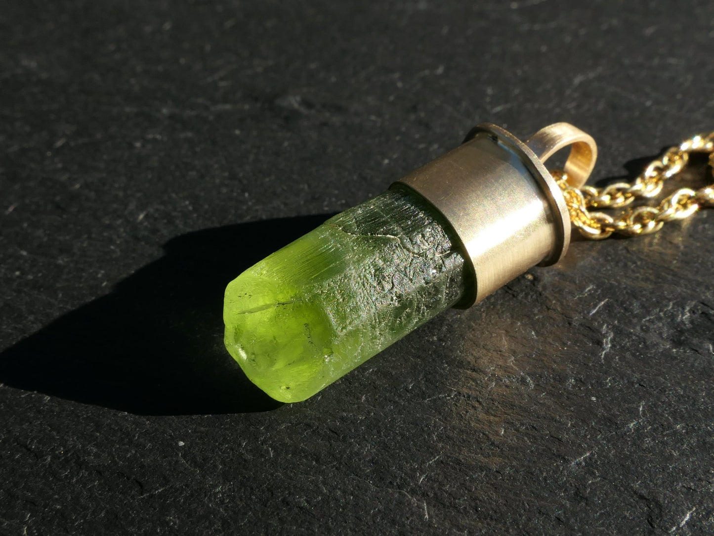Peridot gold pendant with natural green gemstone crystal in 14k gold setting, August birthstone necklace
