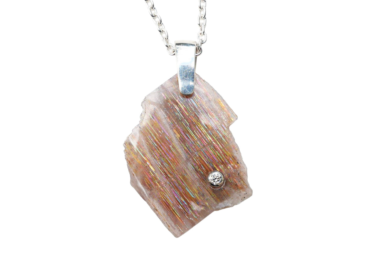 uncut Meteor Shower Sunstone pendant with diamond accent