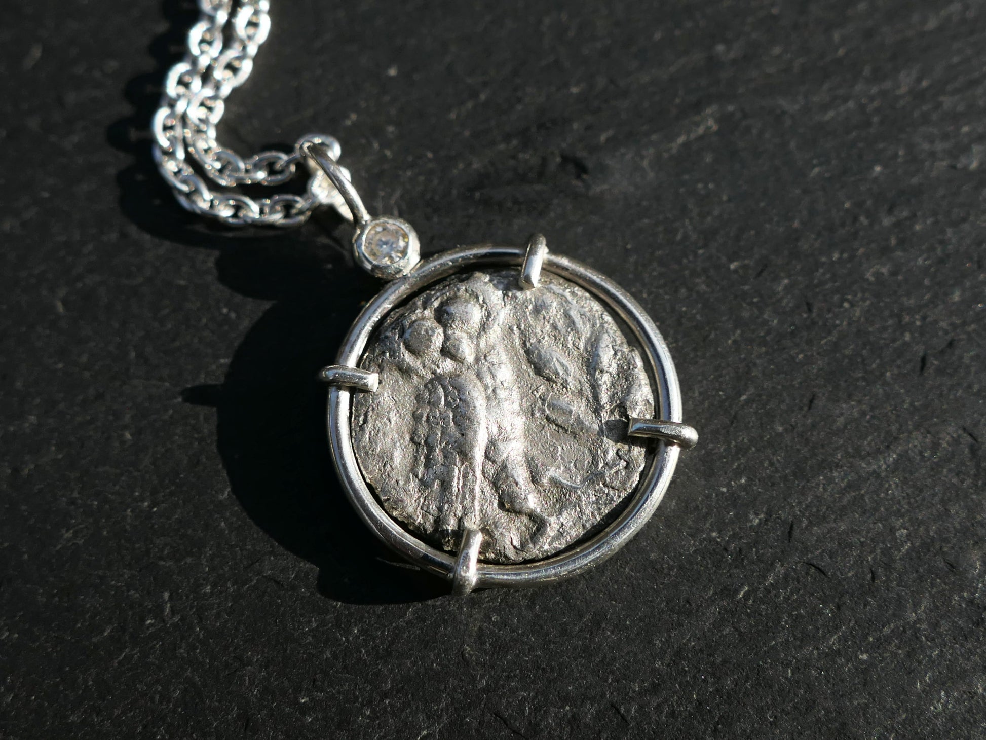 Ancient Greece Owl Coin pendant with diamond accent in sterling silver setting