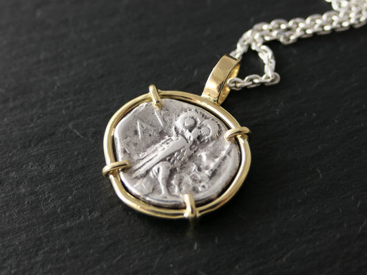 Athena owl coin set in solid 14k gold