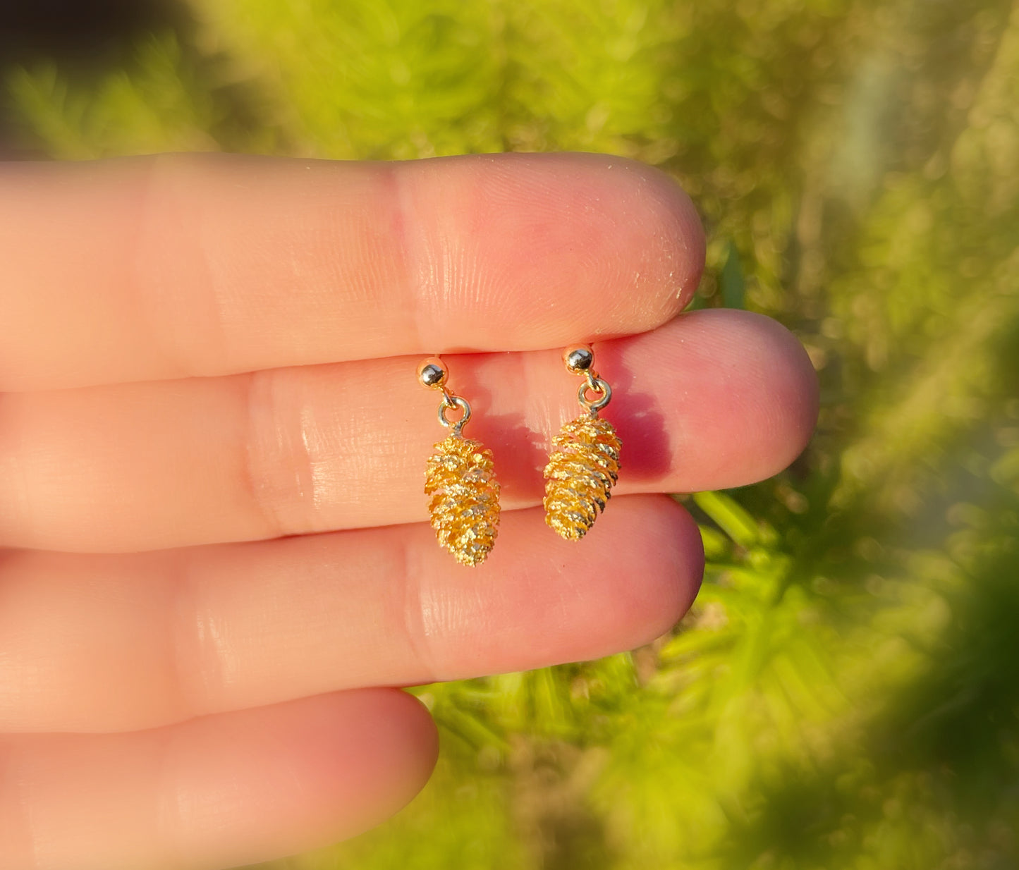 gold pine cone earrings, gold dangle earrings