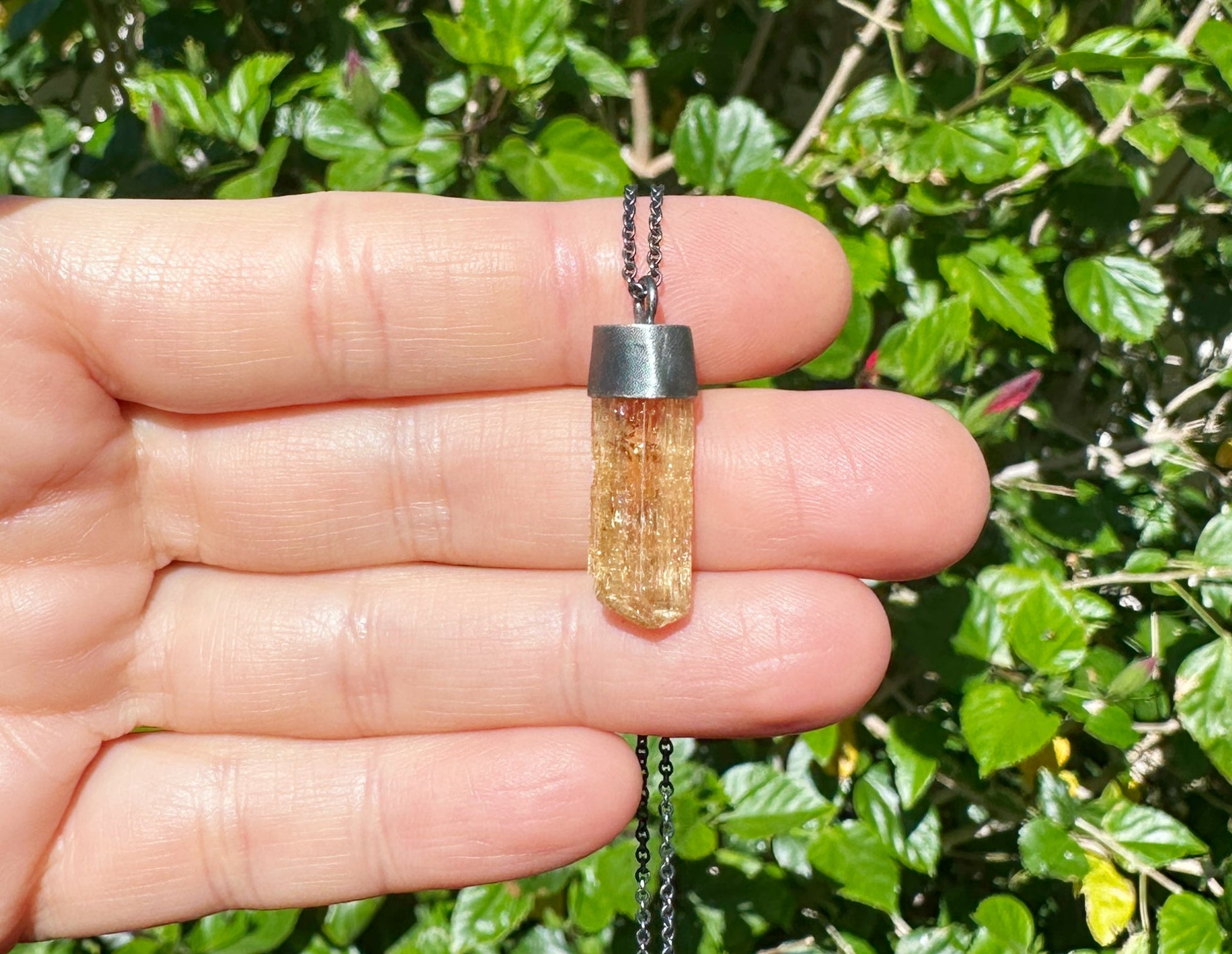 Raw Imperial Topaz pendant in black sterling silver, golden honey crystal necklace for men and women anniversary gift