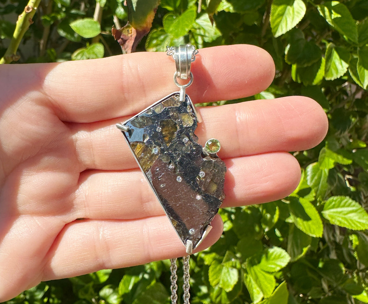 Pallasite Meteorite Necklace Diamond Accent Birthstone Jewelry