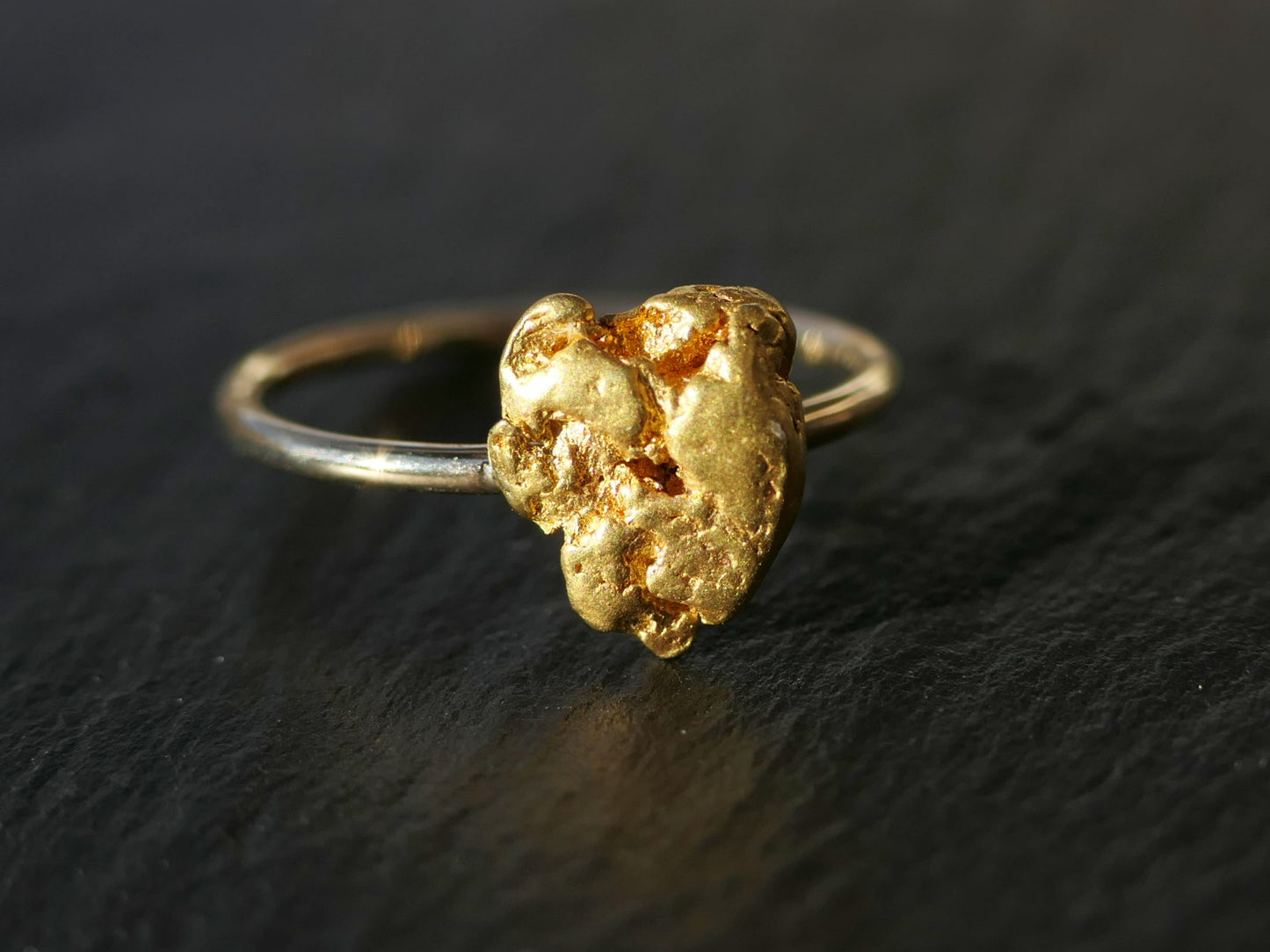 Dainty gold nugget ring with natural Canadian nugget and polished band