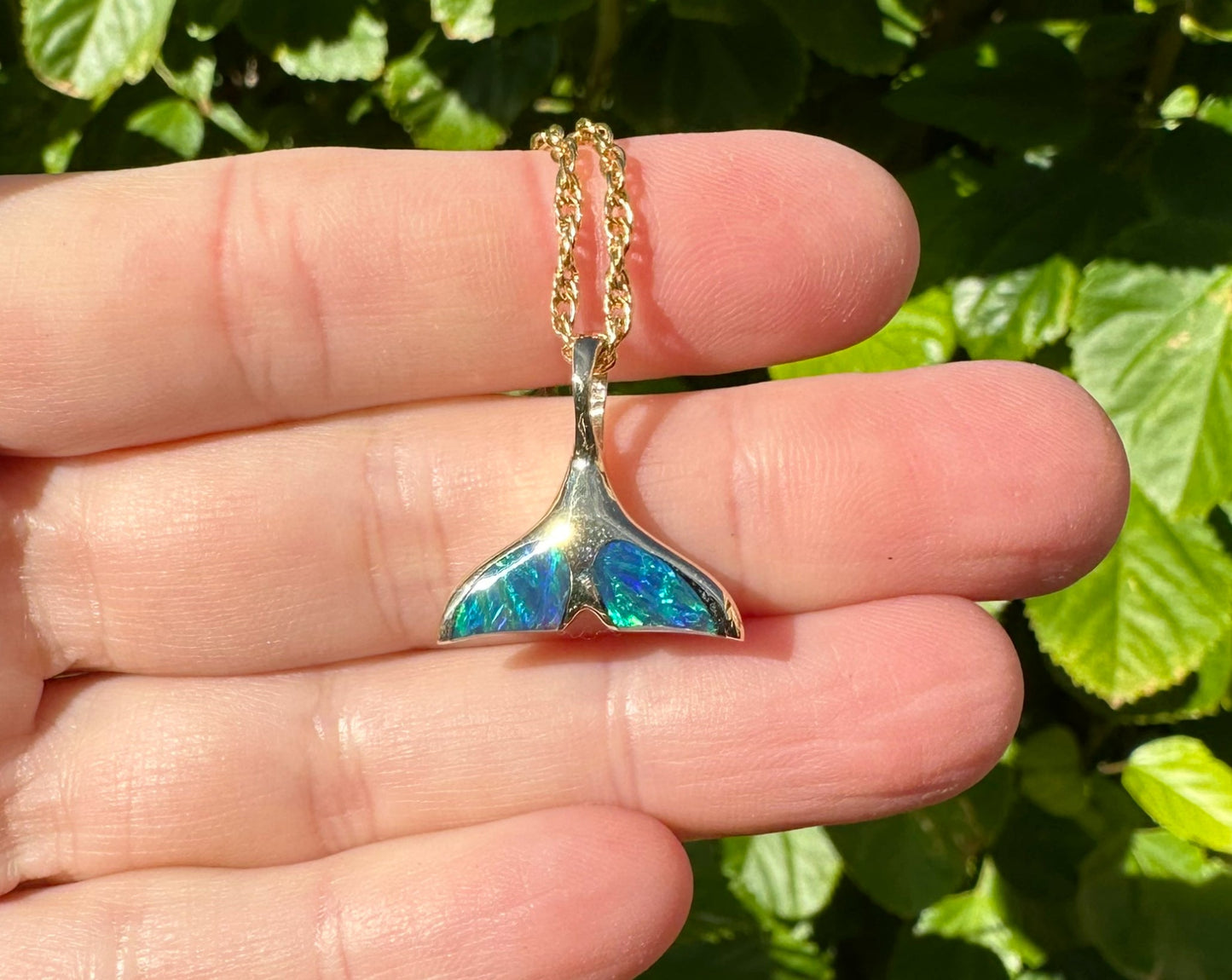black opal and 14k gold whale tail pendant charm