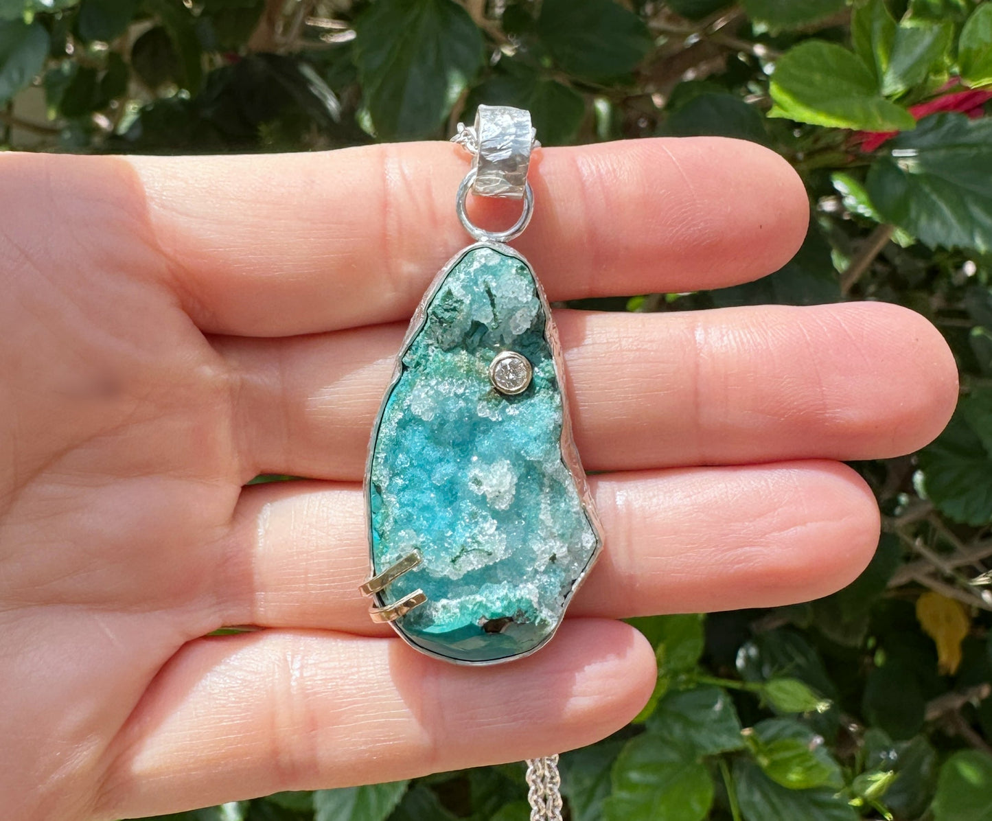 Quartz on chrysocolla gemstone pendant with diamond accent in sterling silver and gold setting