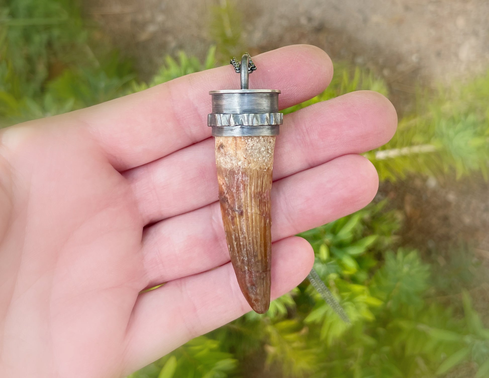 Spinosaurus tooth pendant dark silver