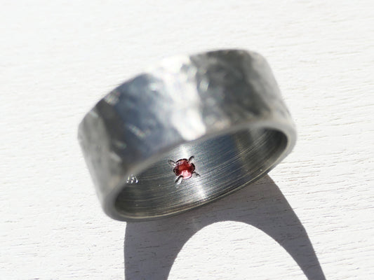 Forged Silver Ring Hidden Gemstone wedding band