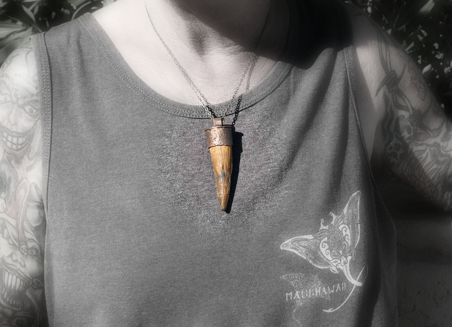 Extra Large Fossilized Spinosaurus Tooth Pendant: Textured Bronze Setting, Sterling Silver Chain