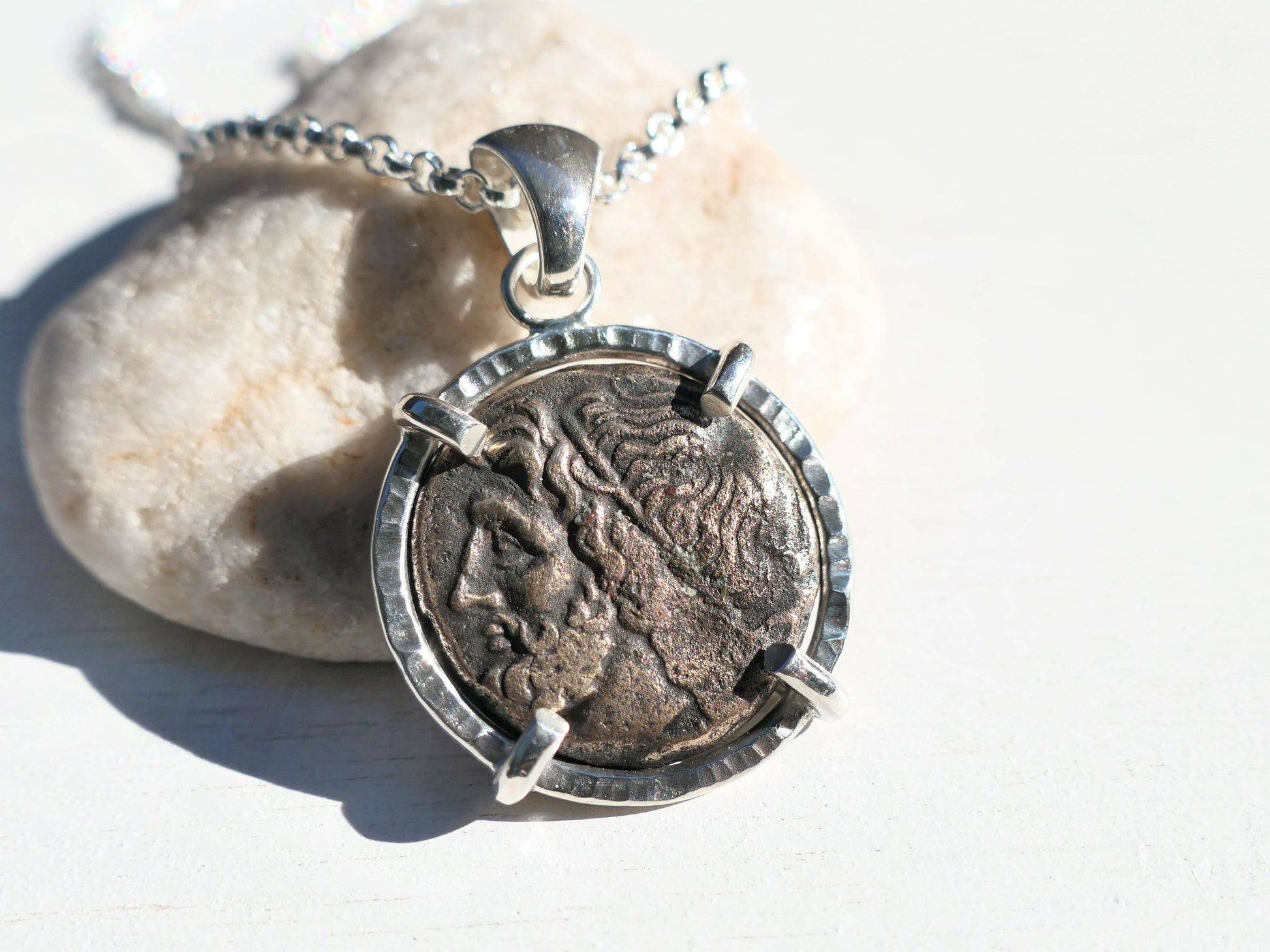 Sterling silver pendant featuring authentic ancient Greek Poseidon coin from Syracuse circa 2200 years old