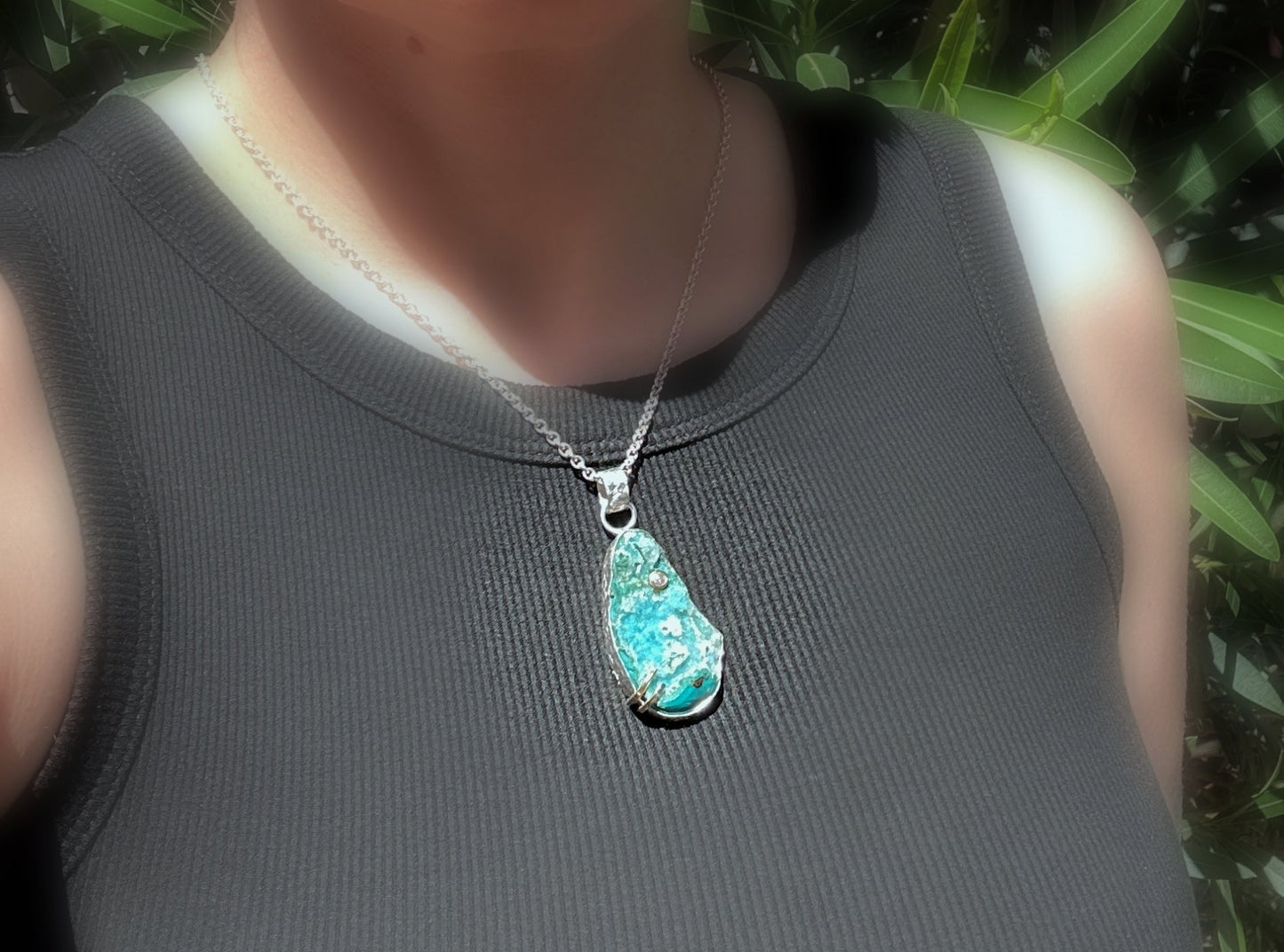 Quartz on chrysocolla gemstone pendant for women