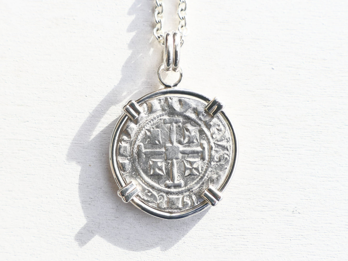 Silver Crusader coin necklace