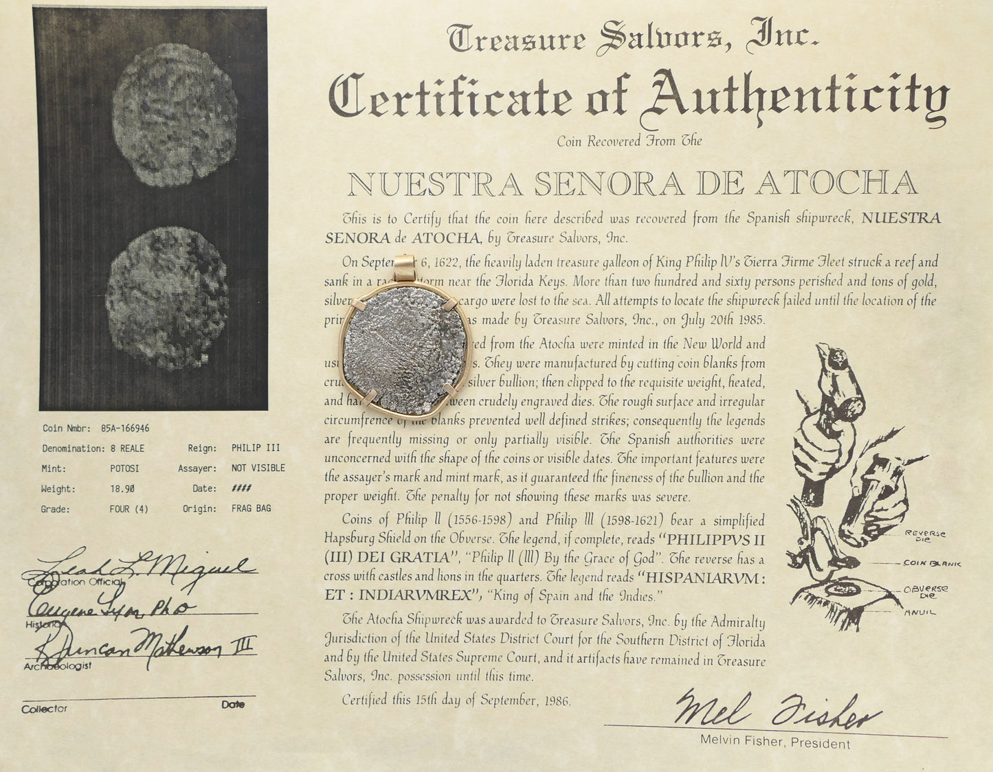 Atocha shipwreck coin with Mel Fisher certificate