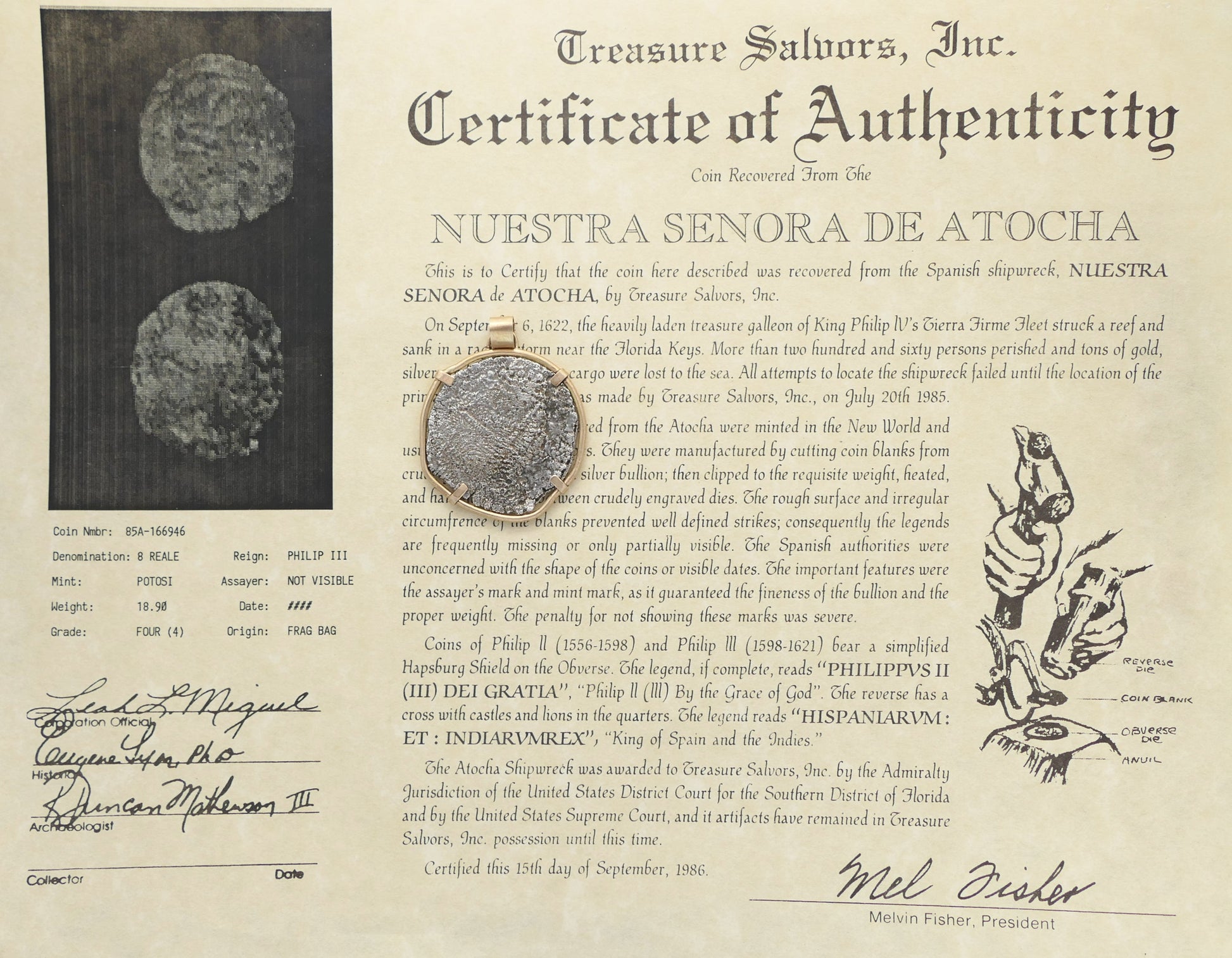 Atocha shipwreck coin with Mel Fisher certificate