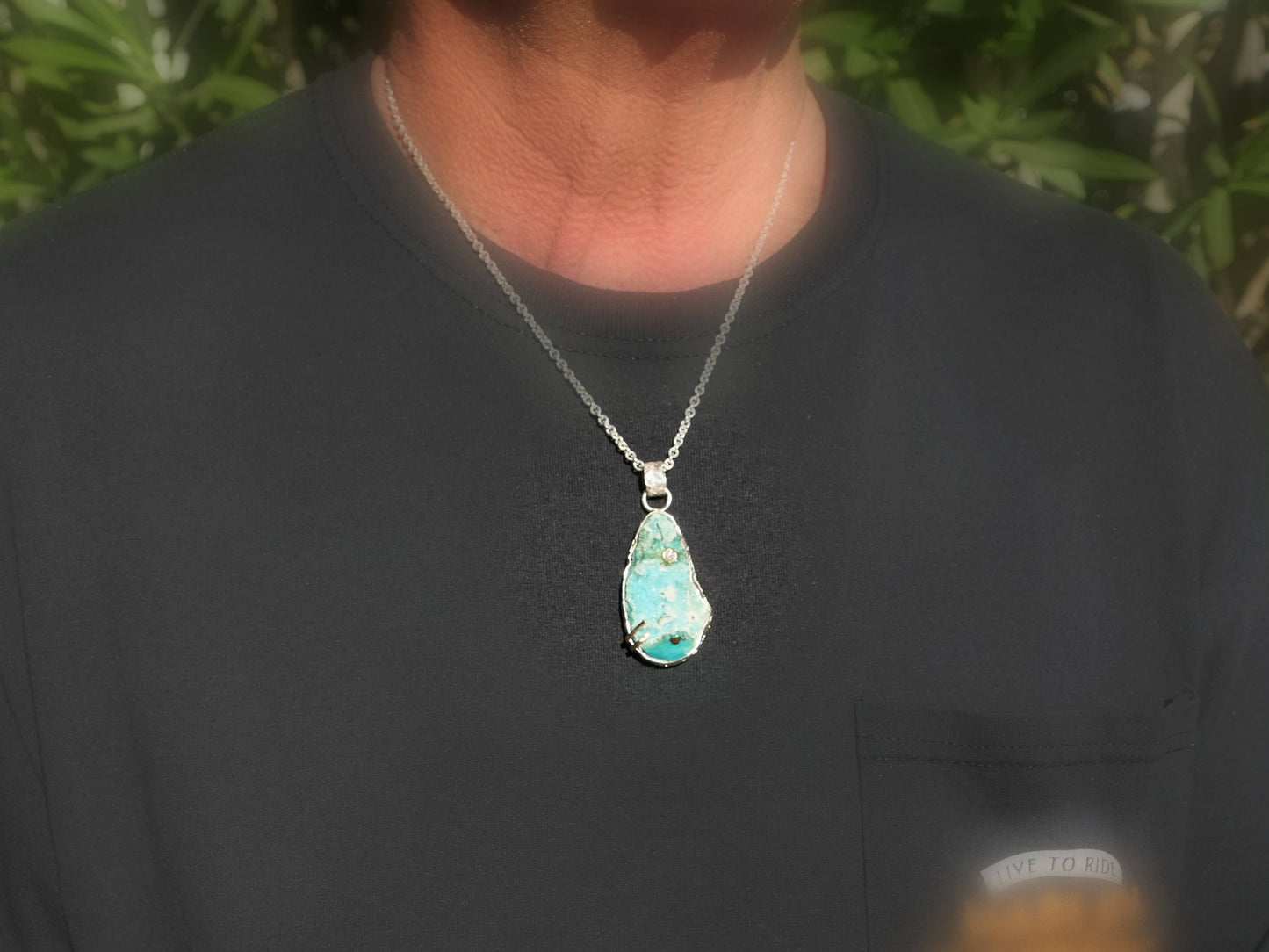 Quartz on chrysocolla gemstone pendant necklace for men