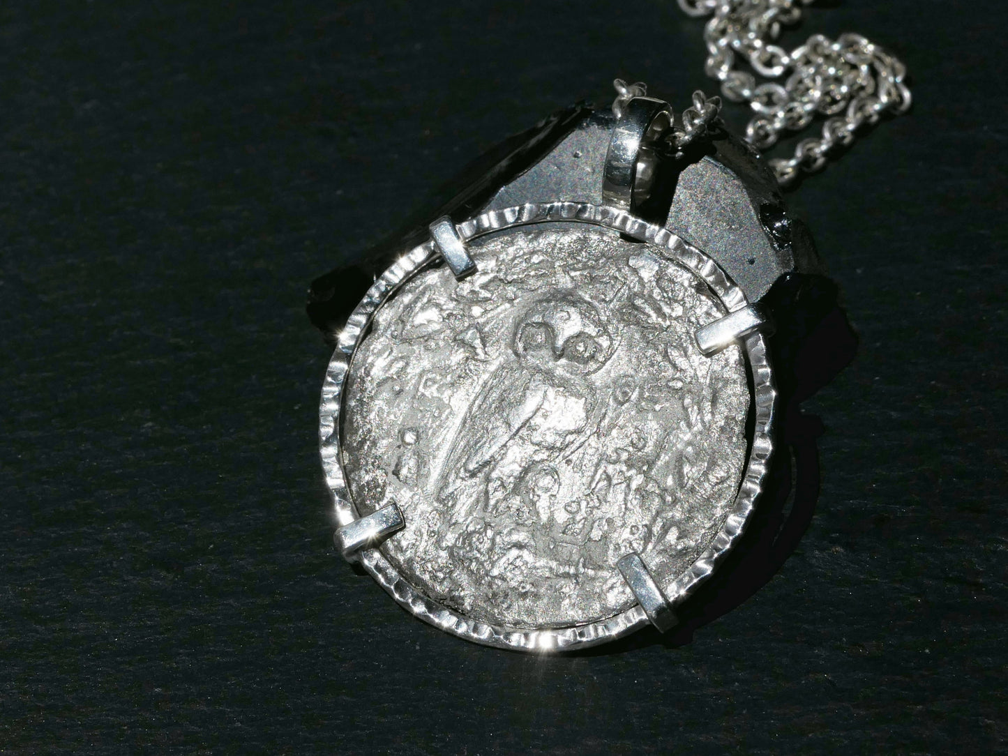 Silver Owl of Athena coin pendant