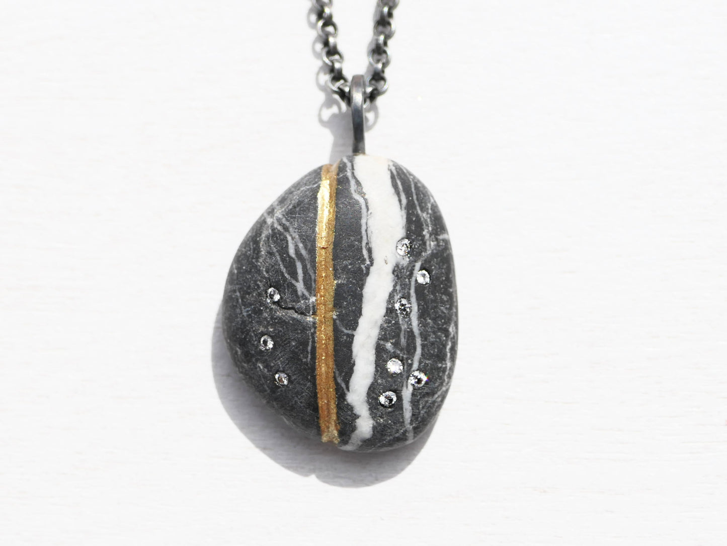 River stone pendant beach stone necklace gold inlay