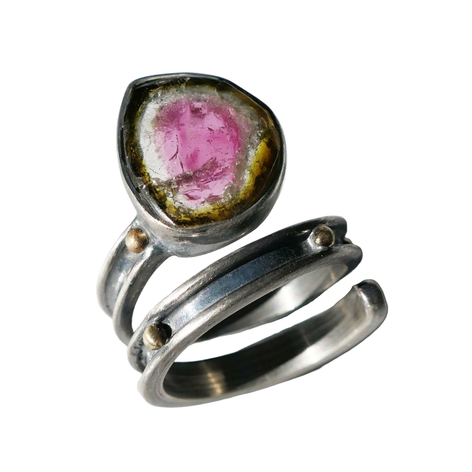 watermelon tourmaline ring, silver cuff ring