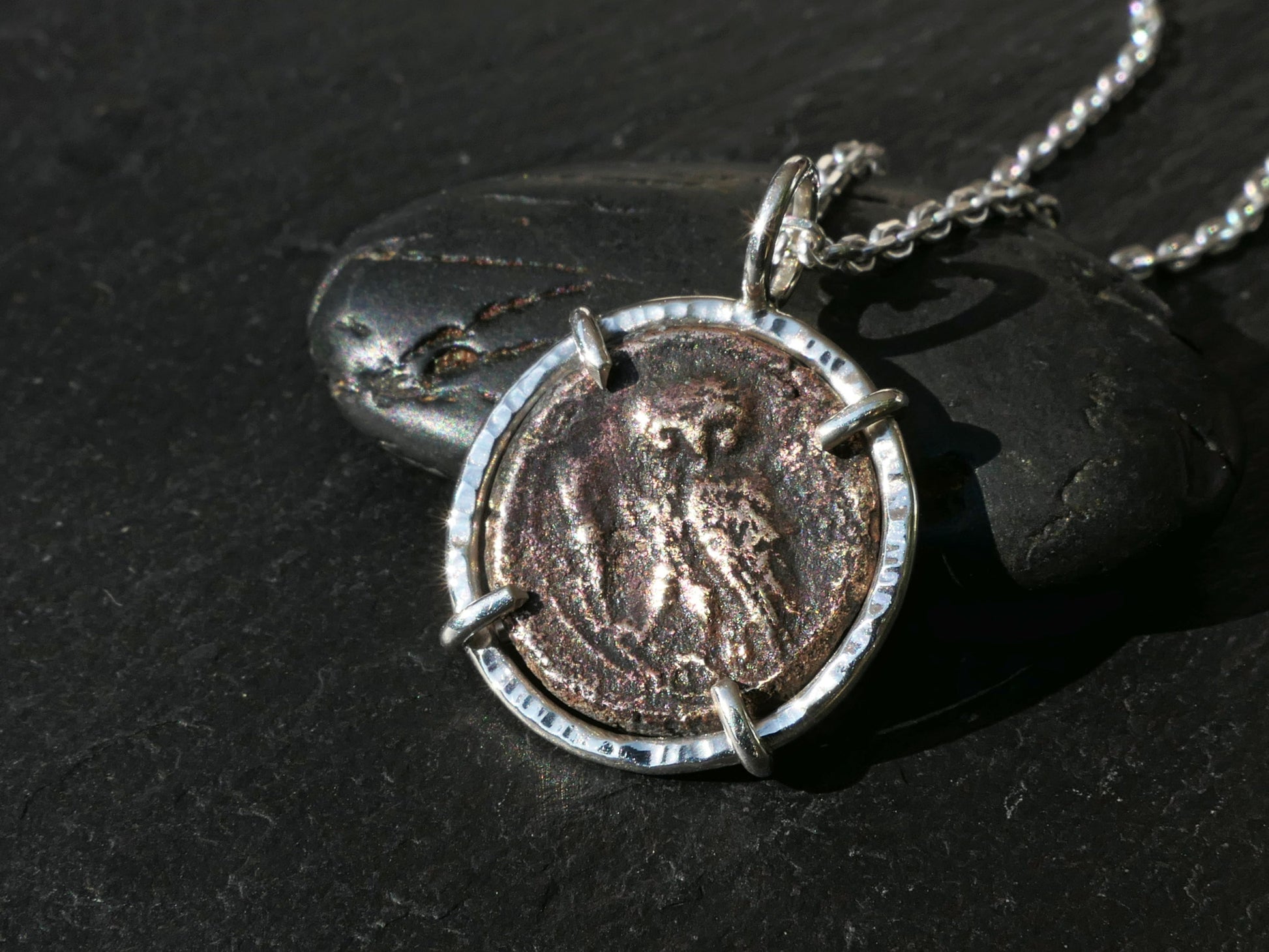 Ancient Greek Owl Coin pendant in sterling silver with authentic bronze Athena coin dated 250-207 BCE