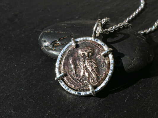 Ancient Greek Owl Coin pendant in sterling silver with authentic bronze Athena coin dated 250-207 BCE