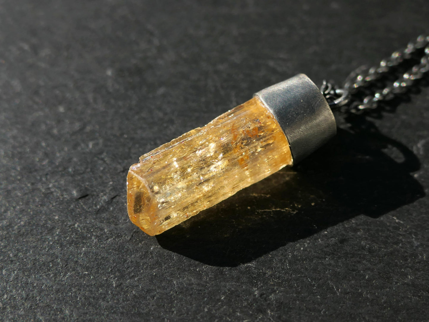 Raw Imperial Topaz pendant in black sterling silver, golden honey crystal necklace for men and women anniversary gift