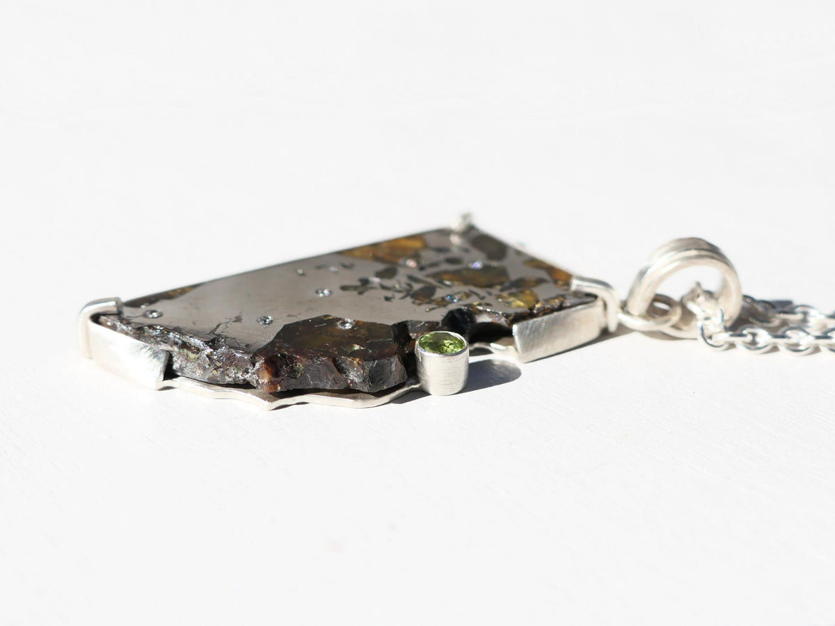 One of a kind Pallasite Meteorite Pendant with diamonds