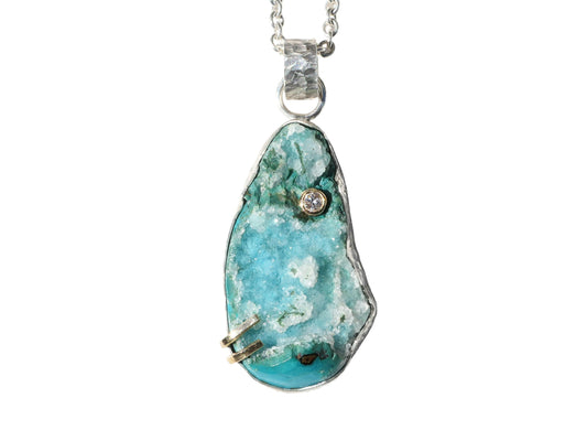 Quartz crystals on blue chrysocolla druzy pendant in sterling silver and gold with diamond accent