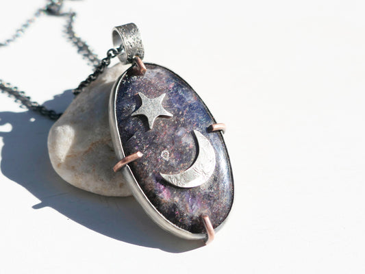 Galaxy Iolite Sunstone Pendant with purple oval gemstone, diamond, crescent moon, star, and solid sterling silver setting