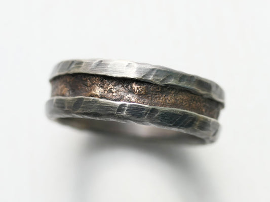 Unique men's ring with bronze and silver band, 7mm wide, dark oxidized finish, engraved interior, made to order