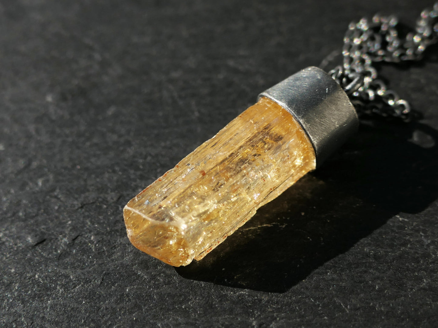 Raw Imperial Topaz pendant in black sterling silver, golden honey crystal necklace for men and women anniversary gift