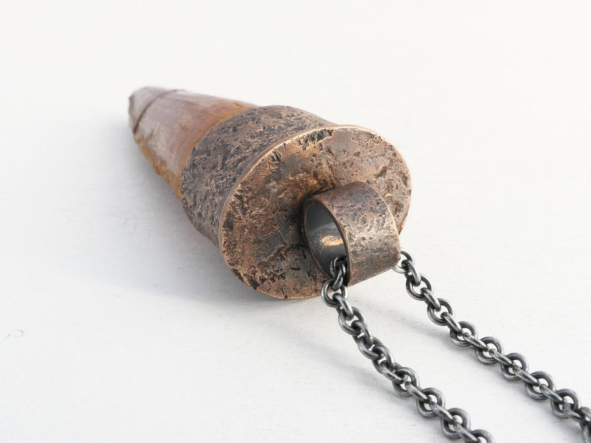 Extra Large Fossilized Spinosaurus Tooth Pendant: Textured Bronze Setting, Sterling Silver Chain