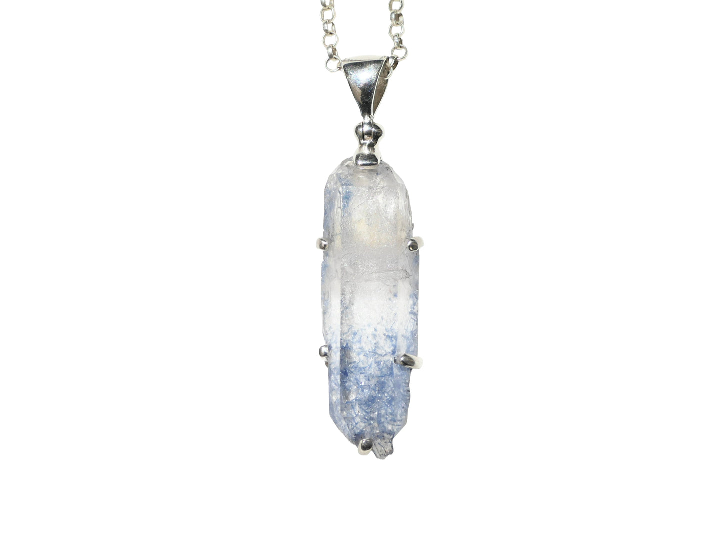 Natural dumortierite quartz crystal pendant set in sterling silver necklace