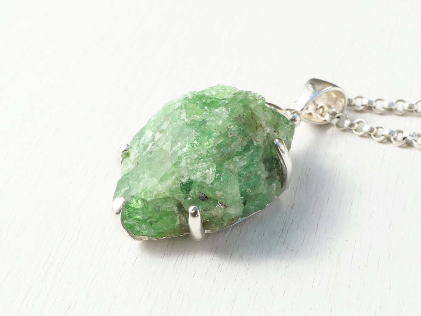 Large tsavorite crystal necklace with uncut green garnet pendant set in sterling silver