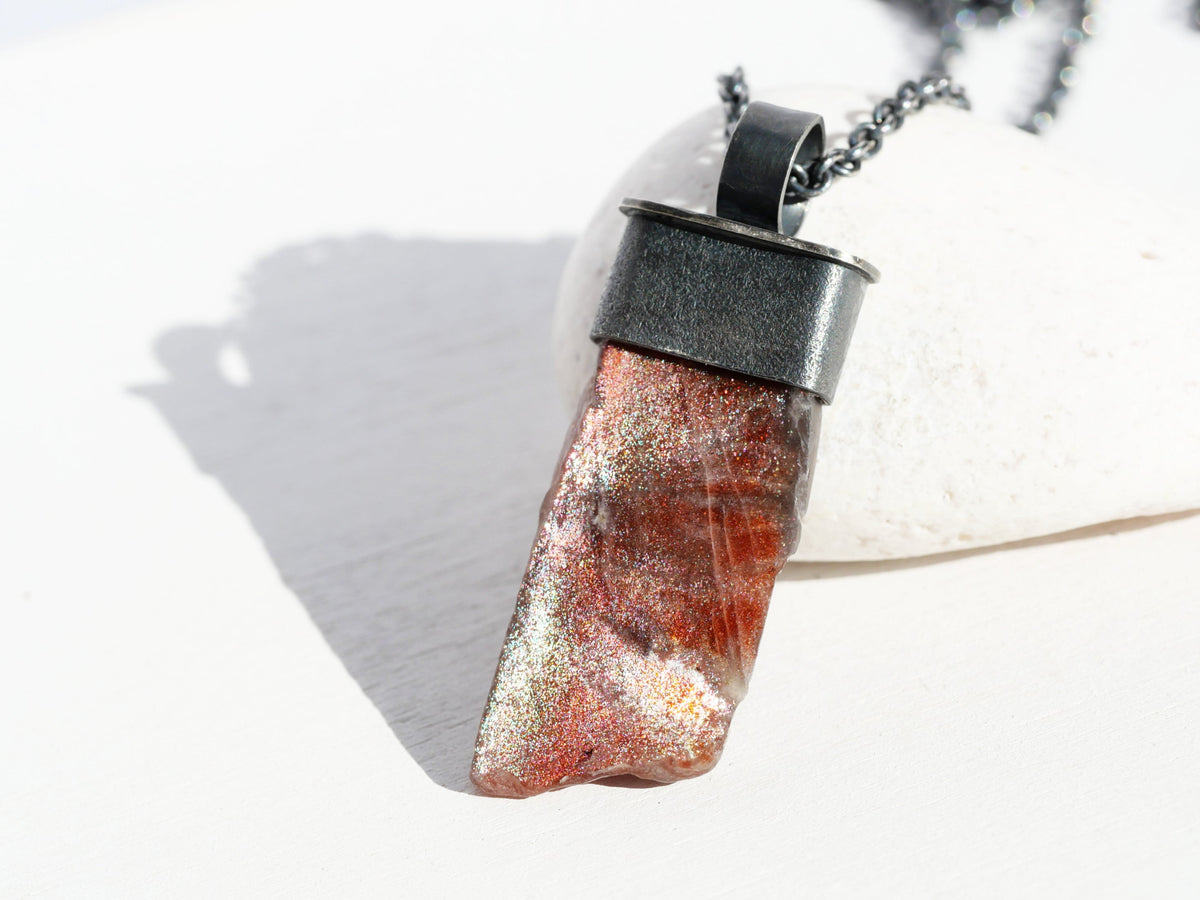 Large Purple Haze Sunstone Necklace Black Sterling Silver