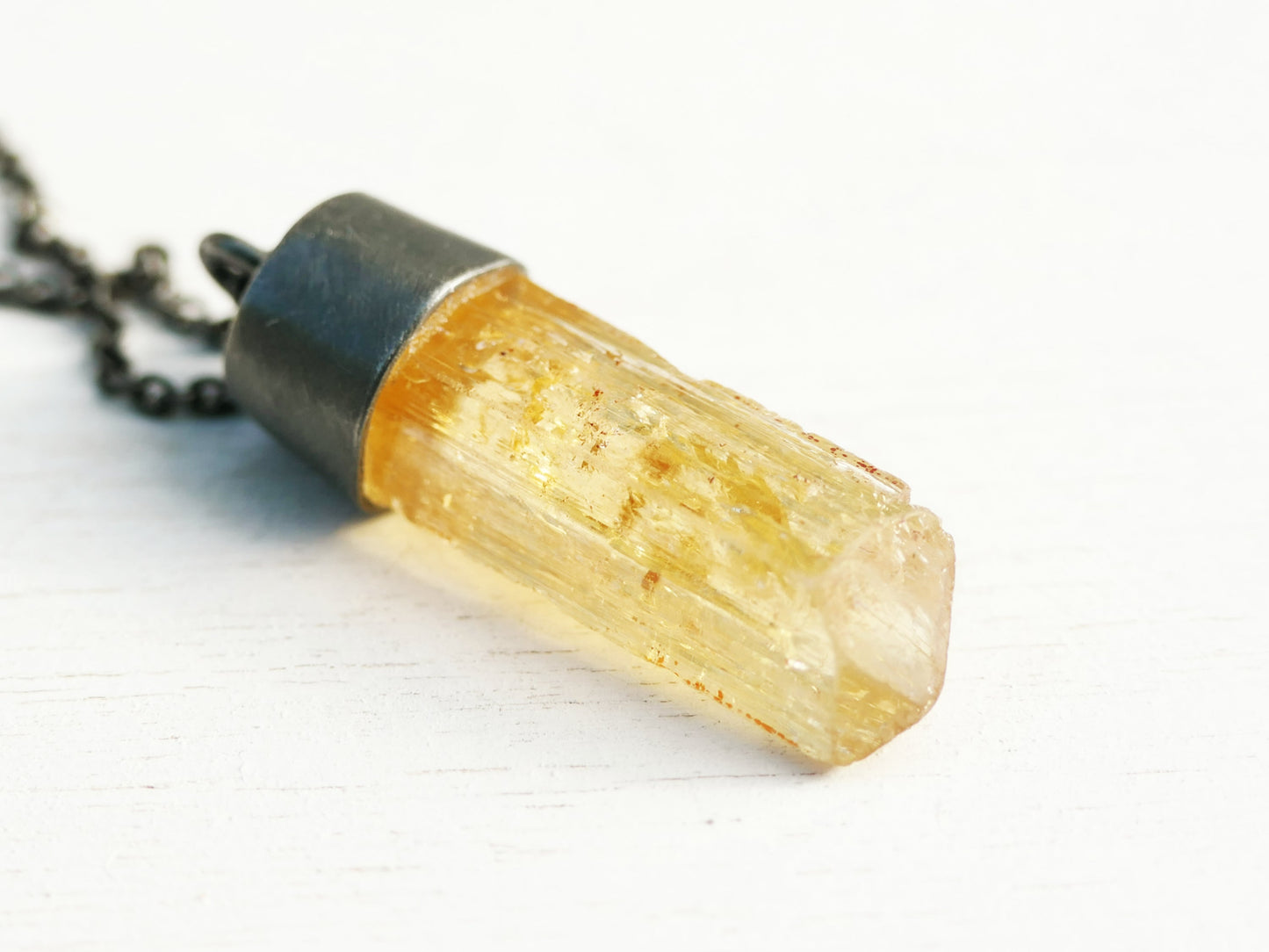Raw Imperial Topaz pendant in black sterling silver, golden honey crystal necklace for men and women anniversary gift