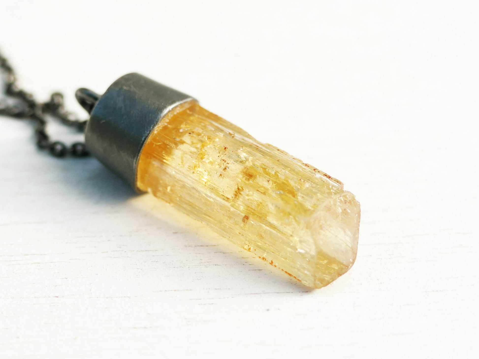 Raw Imperial Topaz pendant in black sterling silver, golden honey crystal necklace for men and women anniversary gift