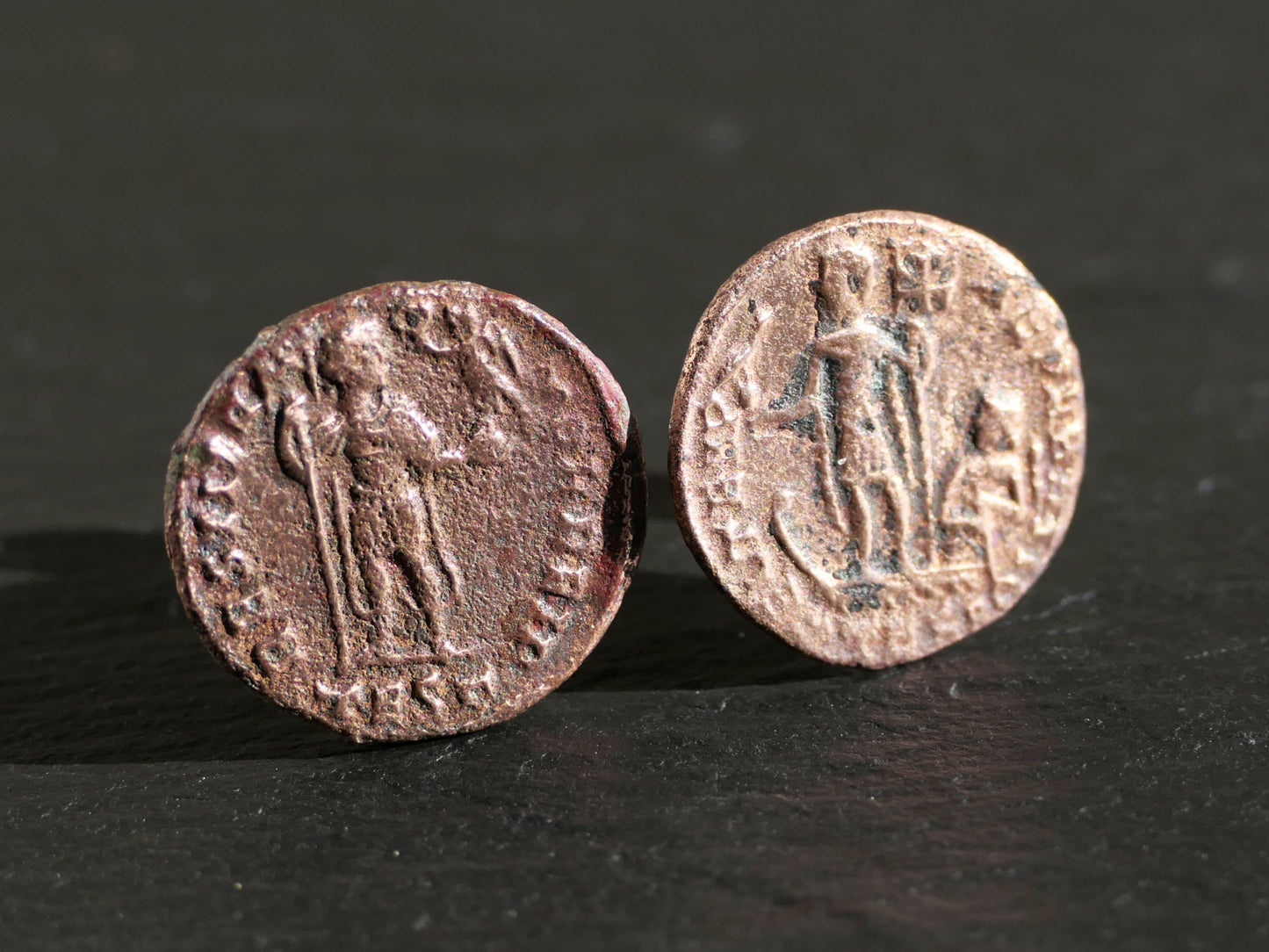 Authentic ancient Roman coin cufflinks with bronze coins and sterling silver backs in an elegant jewelry box