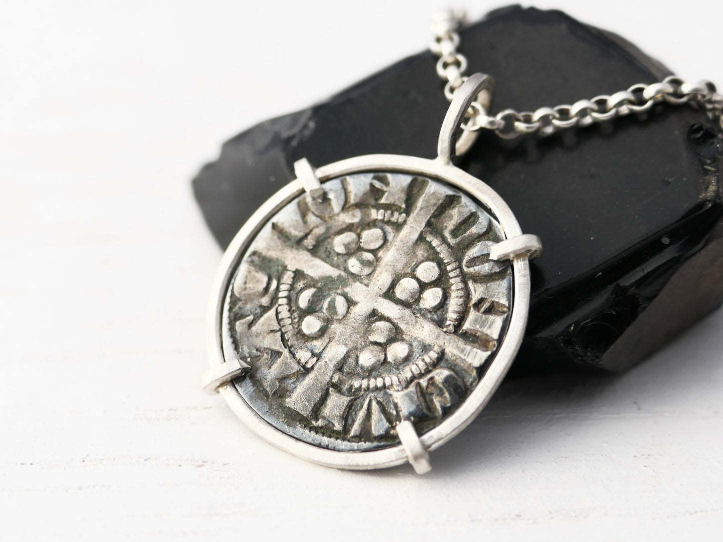 silver long cross coin necklace