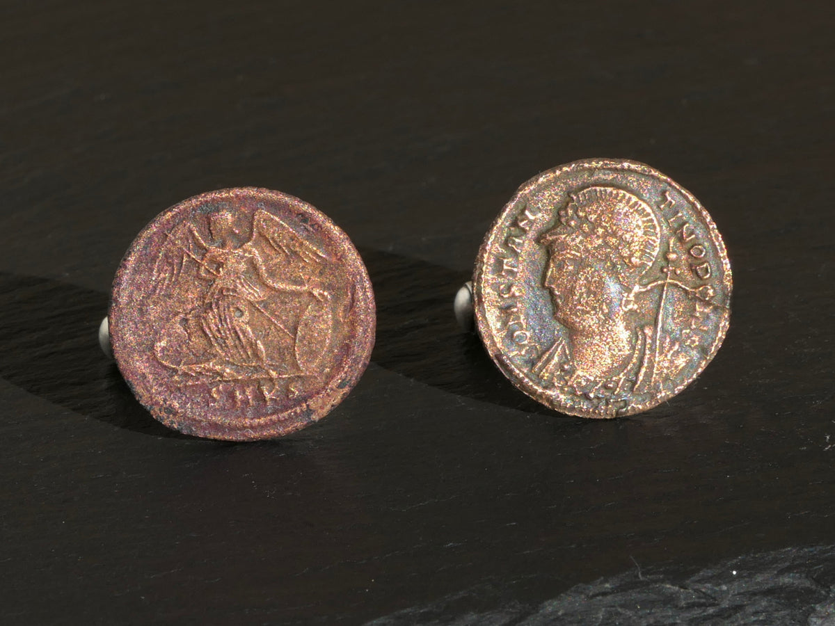 Ancient Roman coin cufflinks featuring bronze Victory Angel coins of Emperor Constantine the Great